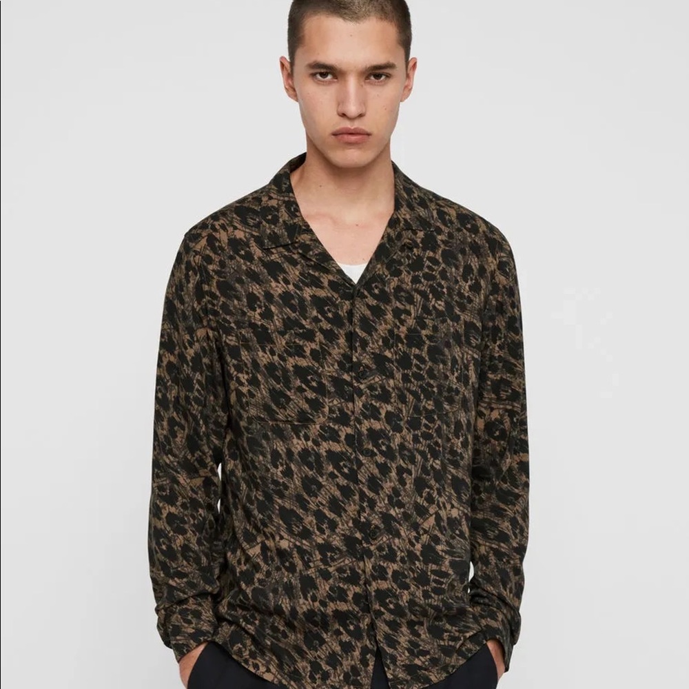 All Saints - Men's Black Monterey Cheetah Print - Slim Fit Button-Down Shirt